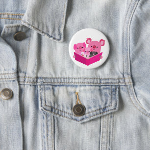 Cute Reading Cartoon Pig Family Button Badge
