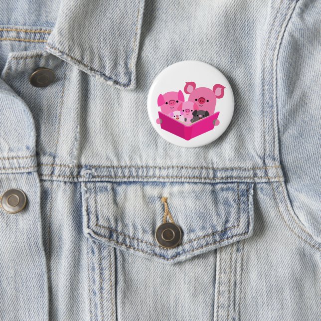 Cute Reading Cartoon Pig Family Button Badge (In Situ)