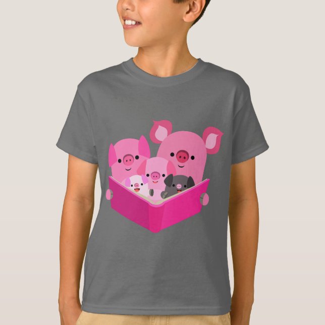 Cute Reading Cartoon Pig Family Kids T-Shirt (Front)