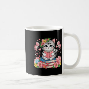 Cute Reading Cat Book Lover Floral Aesthetic Kitte Coffee Mug