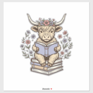Cute Reading Cow Floral Book Stack Vintage Design_