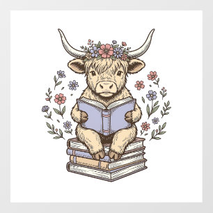 Cute Reading Cow Floral Book Stack Vintage Design_
