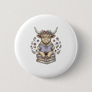 Cute Reading Cow Floral Book Stack Vintage Design_ 6 Cm Round Badge