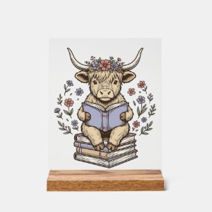 Cute Reading Cow Floral Book Stack Vintage Design_ Acrylic Sign