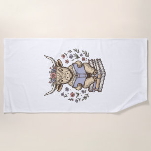 Cute Reading Cow Floral Book Stack Vintage Design_ Beach Towel