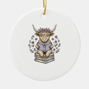 Cute Reading Cow Floral Book Stack Vintage Design_ Ceramic Tree Decoration