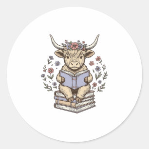 Cute Reading Cow Floral Book Stack Vintage Design_ Classic Round Sticker