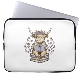 Cute Reading Cow Floral Book Stack Vintage Design_ Laptop Sleeve