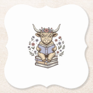 Cute Reading Cow Floral Book Stack Vintage Design_ Paper Coaster