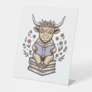 Cute Reading Cow Floral Book Stack Vintage Design_ Pedestal Sign