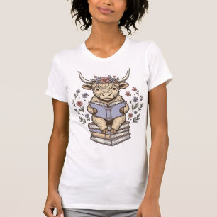 Cute Reading Cow Floral Book Stack Vintage Design_ T-Shirt
