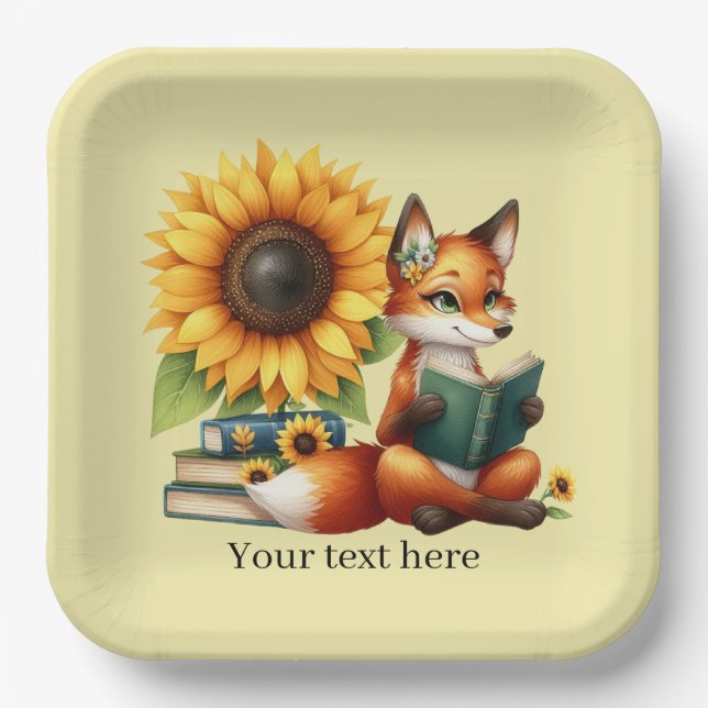 Cute reading fox book or club party paper plate (Front)