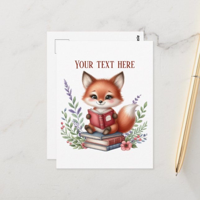Cute reading fox customizable  postcard (Front/Back In Situ)