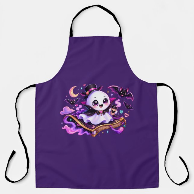 Cute Reading Ghost Halloween Apron (Front)