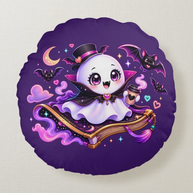 Cute Reading Ghost Halloween Round Cushion (Front)