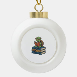 Cute Reading Turtle on Books Vintage Vector_1 Ceramic Ball Christmas Ornament