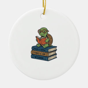Cute Reading Turtle on Books Vintage Vector_1 Ceramic Tree Decoration