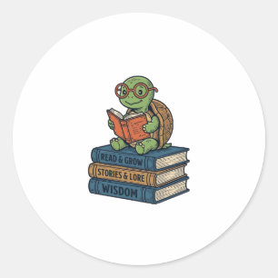 Cute Reading Turtle on Books Vintage Vector_1 Classic Round Sticker