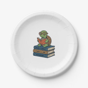 Cute Reading Turtle on Books Vintage Vector_1 Paper Plate