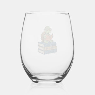 Cute Reading Turtle on Books Vintage Vector_1 Stemless Wine Glass