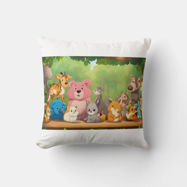 Cute Realistic Cartoon Animals Around Blank Forest Cushion (Front)