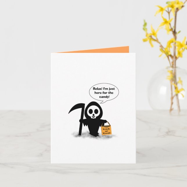 Cute Reaper Just Here for Candy Happy Halloween Card (Yellow Flower)