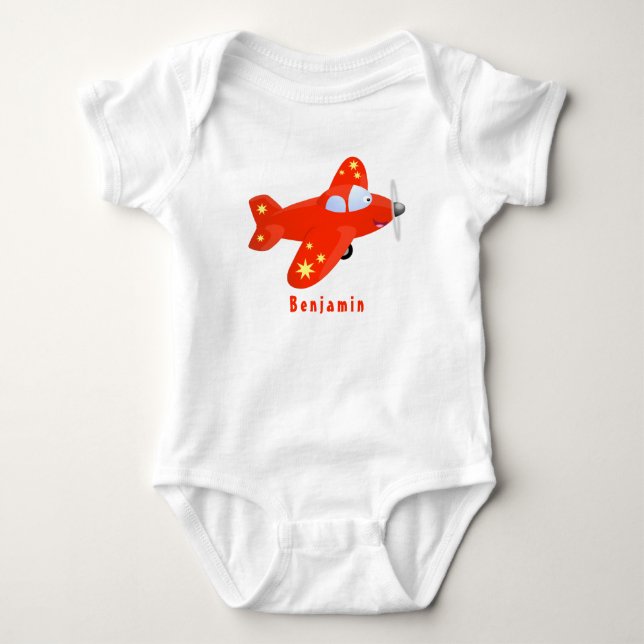 Cute red aeroplane flying cartoon illustration baby bodysuit (Front)