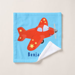 Cute red aeroplane flying cartoon illustration bath towel set