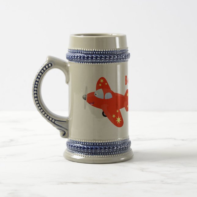 Cute red aeroplane flying cartoon illustration beer stein (Left)