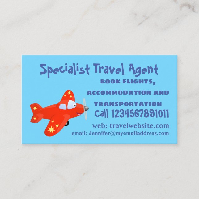 Cute red aeroplane flying cartoon illustration business card (Front)