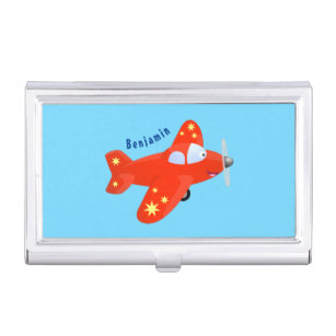 Cute red aeroplane flying cartoon illustration business card holder