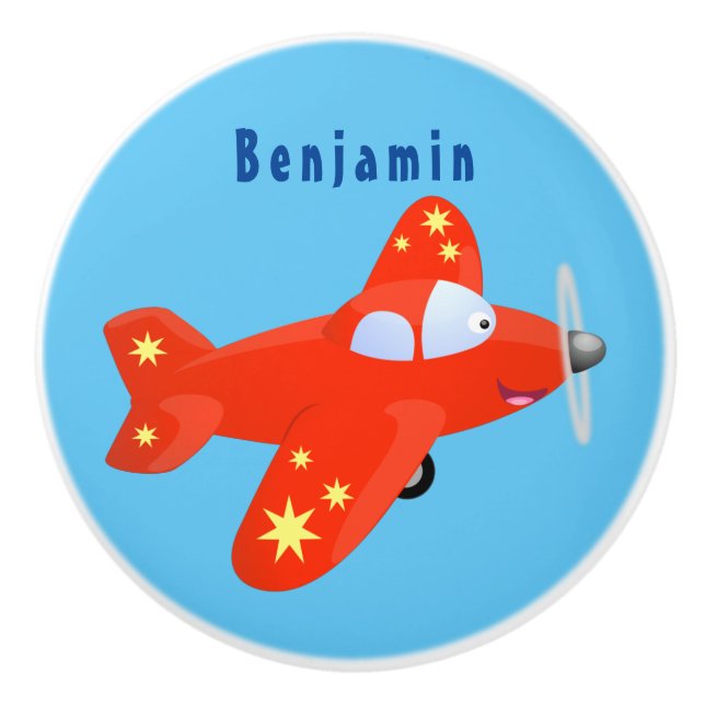 Cute red aeroplane flying cartoon illustration ceramic knob (Front)