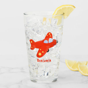 Cute red aeroplane flying cartoon illustration glass
