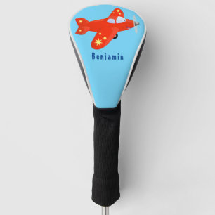 Cute red aeroplane flying cartoon illustration golf head cover