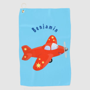 Cute red aeroplane flying cartoon illustration golf towel