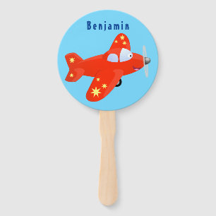 Cute red aeroplane flying cartoon illustration  hand fan