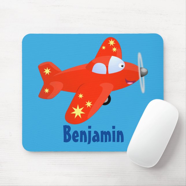 Cute red aeroplane flying cartoon illustration mouse pad (With Mouse)
