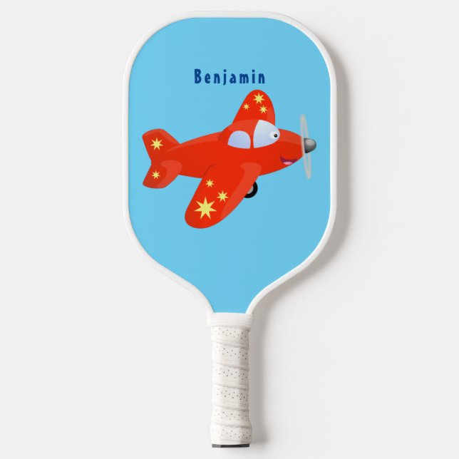 Cute red aeroplane flying cartoon illustration  pickleball paddle (Front)