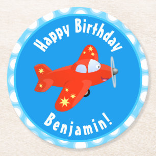 Cute red aeroplane flying cartoon illustration round paper coaster