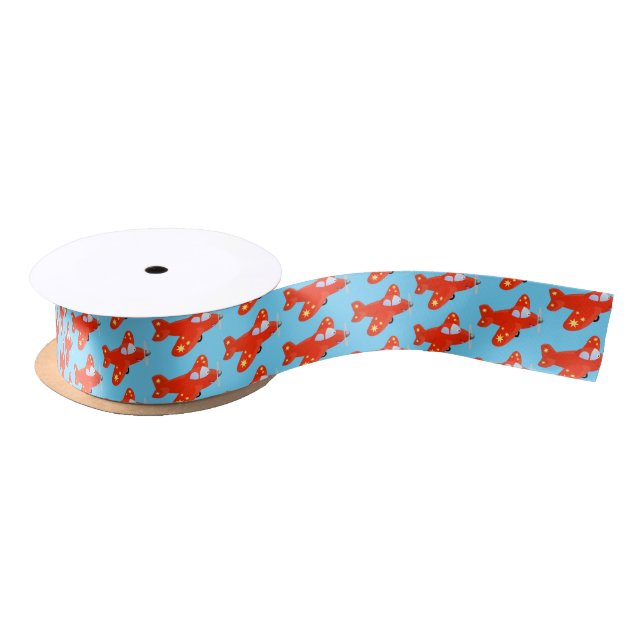 Cute red aeroplane flying cartoon illustration satin ribbon (Spool)