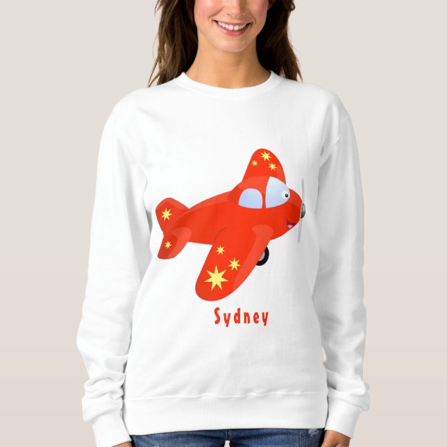 Cute red aeroplane flying cartoon illustration sweatshirt (Front)