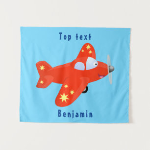 Cute red aeroplane flying cartoon illustration  tapestry