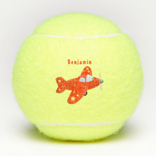 Cute red aeroplane flying cartoon illustration tennis balls