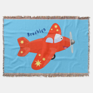 Cute red aeroplane flying cartoon illustration throw blanket