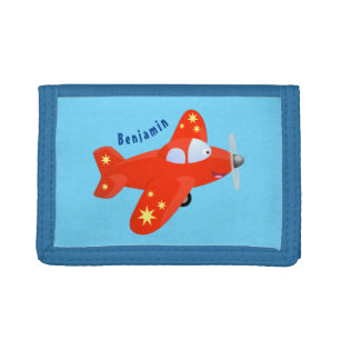 Cute red aeroplane flying cartoon illustration trifold wallet