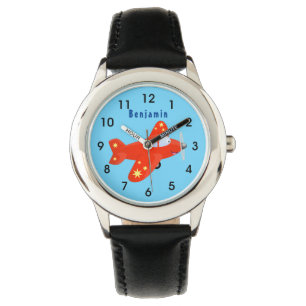 Cute red aeroplane flying cartoon illustration watch
