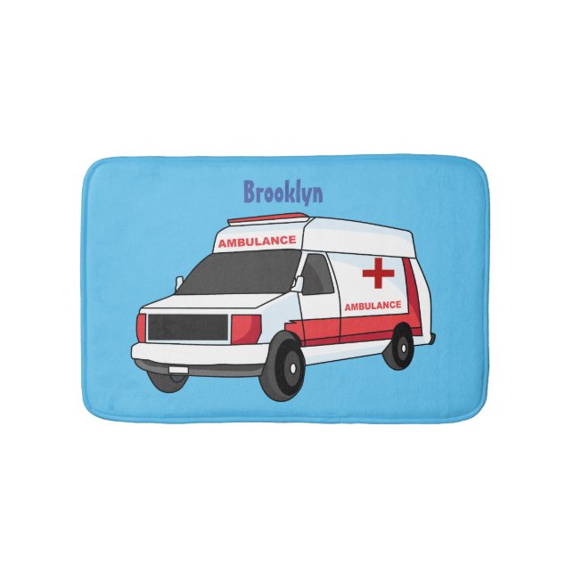Cute red ambulance van cartoon bath mat (Front)