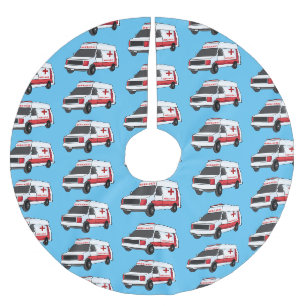 Cute red ambulance van cartoon brushed polyester tree skirt