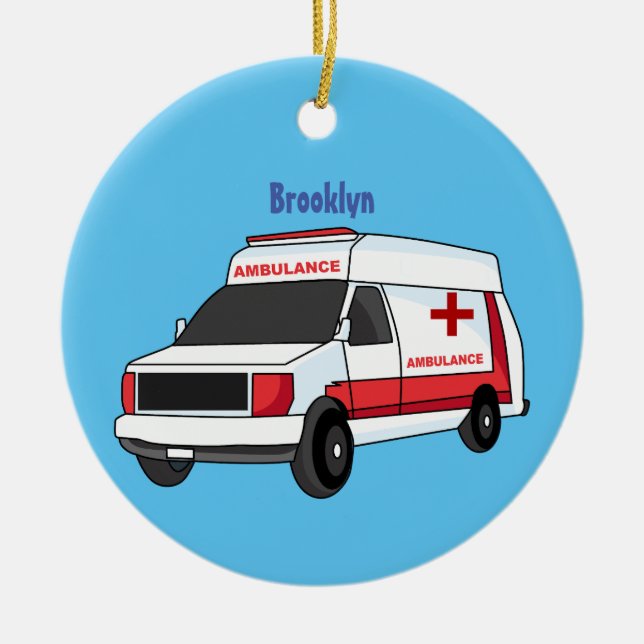 Cute red ambulance van cartoon  ceramic tree decoration (Front)