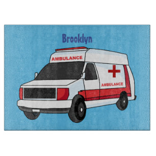 Cute red ambulance van cartoon cutting board
